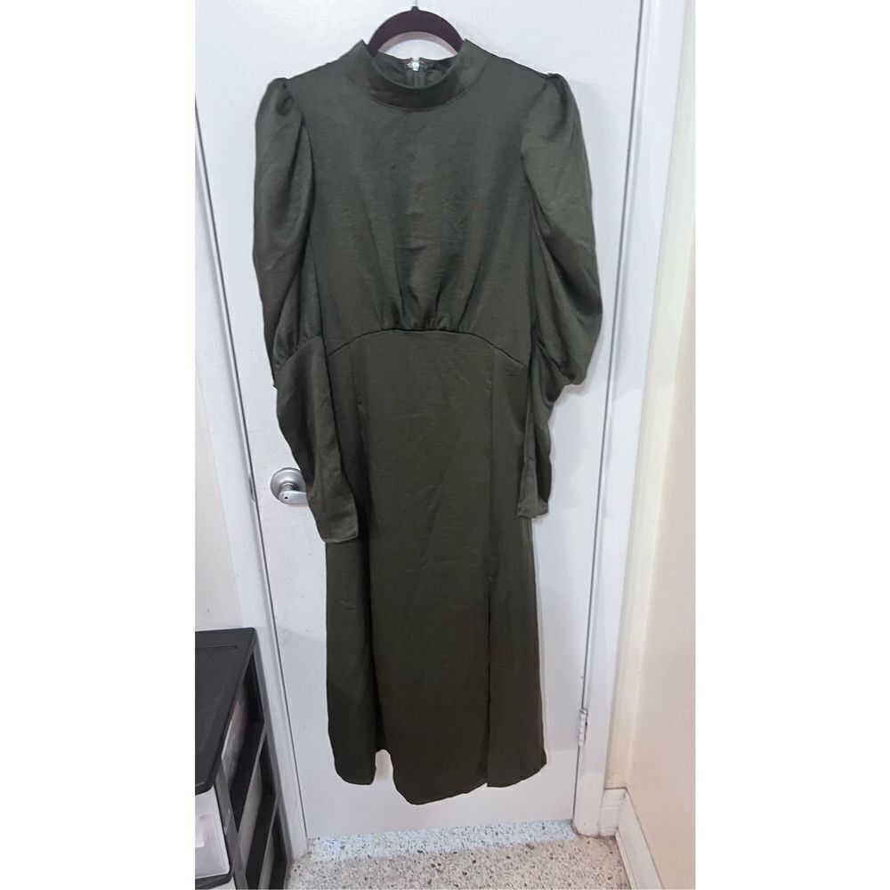 AX Paris Women's Long Puff Sleeve High Neck Stretch Midi Dress Khaki Size 8 NWT